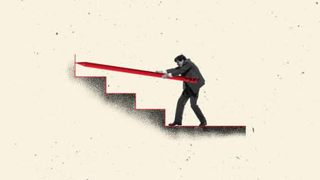 Digital artwork. Businessman pushing giant red pencil up staircase symbol of challenge strategy and...