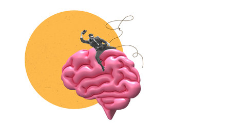 Minimalist pop art collage. Businessman riding giant brain like cowboy symbol of control
