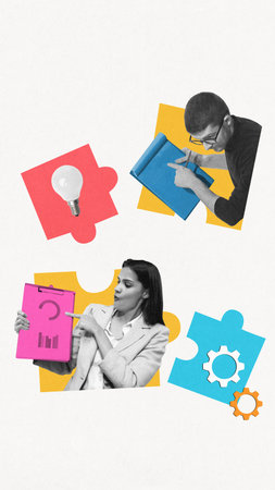 Collage business team with puzzle icons presenting ideas and solutions