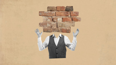 Surreal collage. Man with brick wall instead of head raising hands in confusionの写真素材