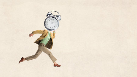 Digital artwork. Running man with alarm clock instead of head symbol of hurryの写真素材