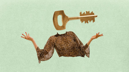 Creative digital artwork of woman with key head in surreal compositionの写真素材