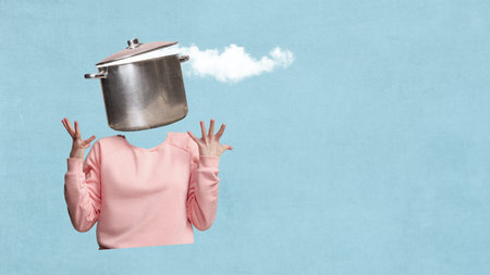 Minimalist pop art collage of woman with boiling pot head releasing steam