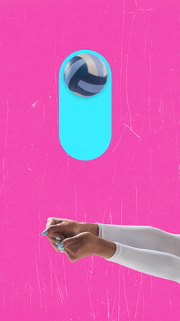 Trendy artwork of volleyball arms passing neon glowing trail ball on pink blue backgroundの写真素材