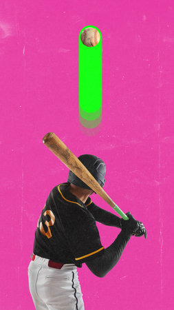 Bold colorful poster of baseball player swinging bat with neon glowing trail on pink backgroundの写真素材