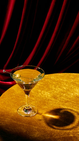 Classic martini cocktail with olive on golden velvet table and red curtain backdropの写真素材