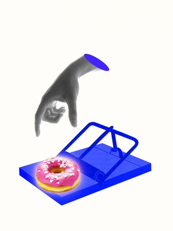 Minimal surreal collage. Hand reaching for pink donut in mousetrapの写真素材