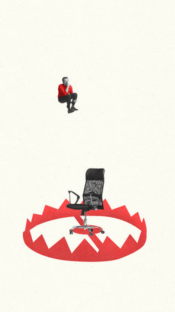 Graphic composition. Businessman afraid to sit on office chair inside red bear trapの写真素材