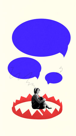 Graphic collage. Woman trapped inside red bear trap with speech bubbles overheadの写真素材