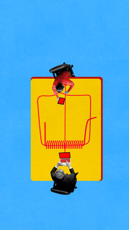 Bright poster. Two businessmen at laptops sitting on giant yellow mousetrapの写真素材