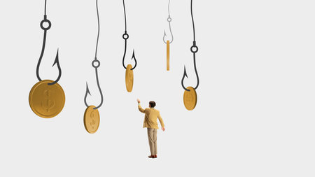 Minimalist pop art collage. Man in suit reaching for golden coins on hooksの写真素材