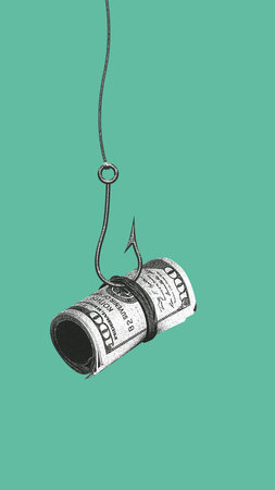 Bright collage. Roll of US dollar banknotes pierced by fishing hook on green backgroundの写真素材