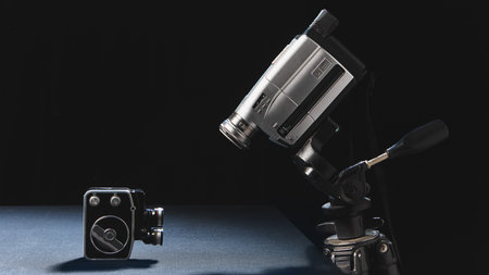 Vintage and modern video cameras facing each other in symbolic contrast