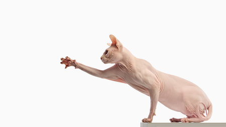 Hairless sphynx cat stretching paw forward with focus expressionの写真素材