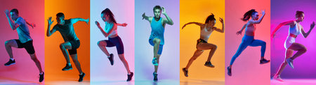 Mixed five athletes in motion collage with neon studio lighting effects