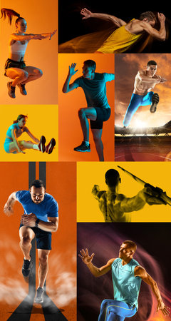 Seven athletes in action collage with colorful dynamic lighting and motion