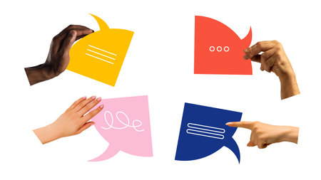 Contemporary collage. Diverse hands holding colorful speech bubbles with copy space for communication designの写真素材