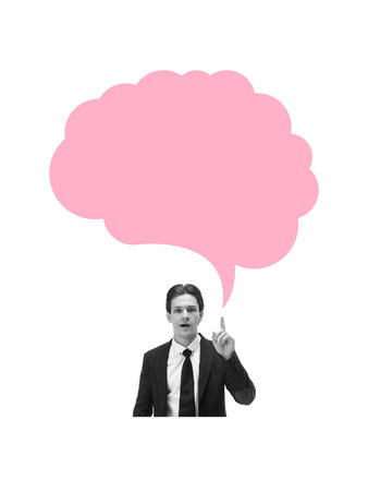 Modern artwork. Businessman with pink speech bubble and wide copy space for message or communicationの写真素材