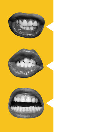 Bold composition. Black and white lips on yellow background with speech bubbles and copy space for dialogueの写真素材