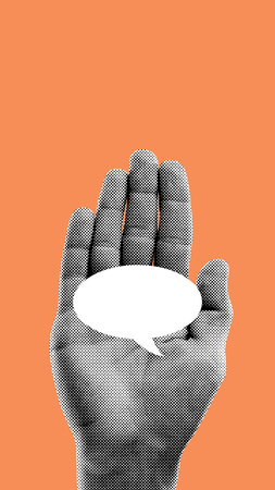 Minimalist collage. Black and white hand holding speech bubble with wide copy space on orange backgroundの写真素材