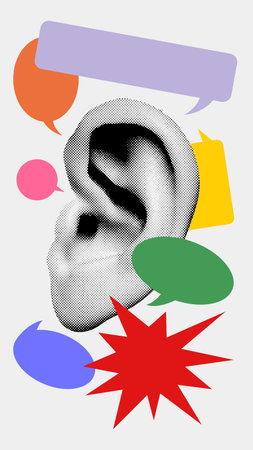Surreal bold collage art. Ear surrounded by colorful speech bubbles with copy spaceの写真素材