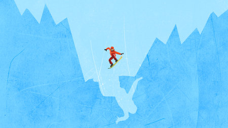 Collage of snowboarder mid-air above mountain landscape with bold shadowの写真素材