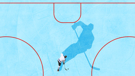 Bold colorful poster. Ice hockey player shooting puck with shadow silhouette on blue rinkの写真素材