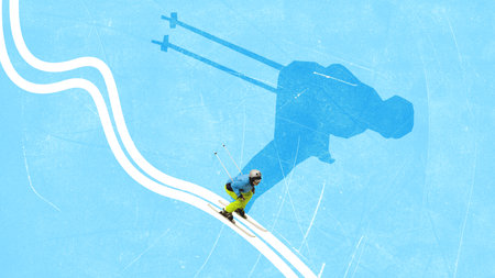 Collage of alpine skier racing downhill with dynamic shadow on icy slopeの写真素材