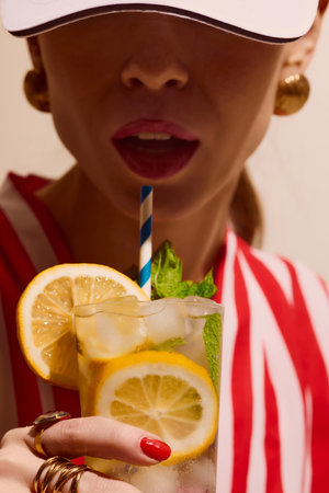 Fashion woman in cap drinking citrus cocktail with red lips and jewelryの写真素材