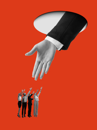 Bold colorful poster. Giant helping hand reaching down to business people on red backgroundの写真素材