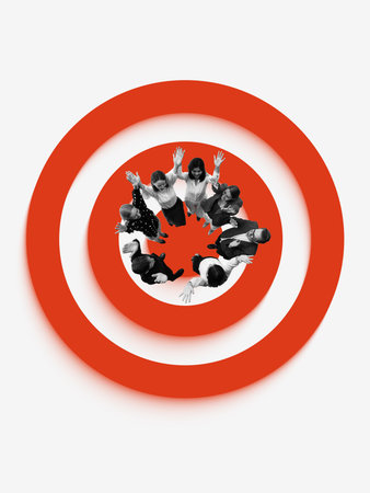 Bright digital artwork. Business people standing inside red target circle from above view