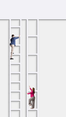 Creative collage. Businessman and businesswoman climbing symbolic ladders of career growthの写真素材