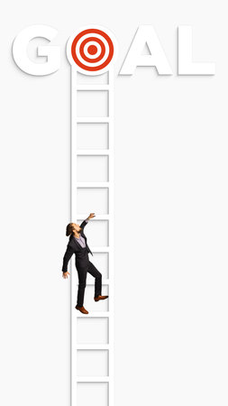 Creative collage. Businessman climbing ladder towards goal target textの写真素材
