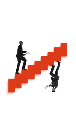 Creative digital artwork. Businessmen on red staircase one climbing another falling
