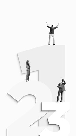 Minimalist modern composition. Businesspeople on numbers one two three with winner on topの写真素材