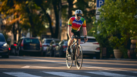 Cyclist in colorful jersey riding road bike on city street in sunset lightの写真素材