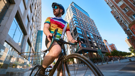 Cyclist with colorful jersey and helmet looking away while holding road bike