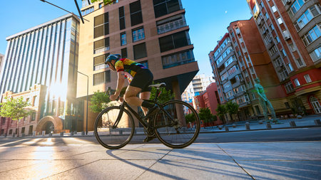 Cyclist in colorful jersey riding road bike past urban architecture with sunlightの写真素材