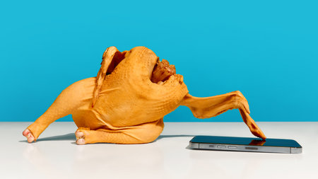 Raw chicken laying sideways and reaching for smartphone on blue background.の写真素材