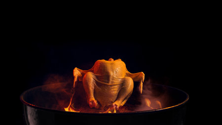 Raw chicken sitting over fire on grill with dramatic smoke against dark backgroundの写真素材