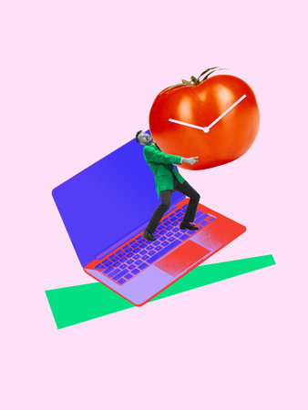 Man in green jacket carrying giant tomato shaped clock over colorful laptop in surreal collageの写真素材