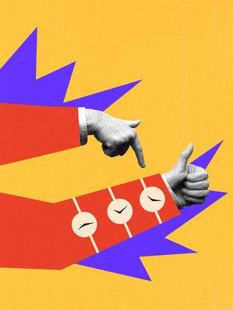 Colorful collage. Hand in red sleeve with multiple clock designs pointing at thumb up on yellow backgroundの写真素材