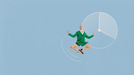 Digital artwork. Woman in green jacket jumping in air with large transparent clock on blue backgroundの写真素材