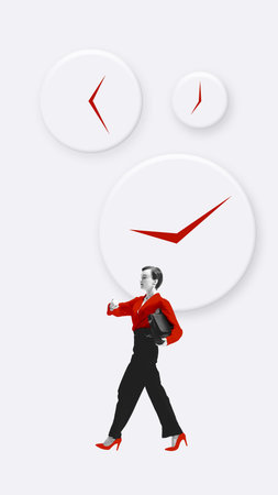 Woman in red shirt walking with briefcase against large floating clocks in surreal composition