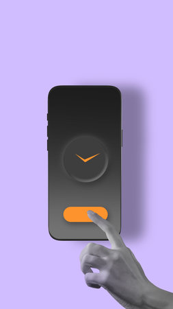 Graphic composition. Smartphone with clock interface and hand pressing button on purple background...