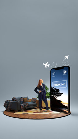 Woman standing with smartphone showing booking app and airplane icons. 3D island compositionの写真素材