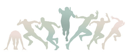 Bright poster. Male sprinters silhouettes in motion showing dynamic running actionの写真素材