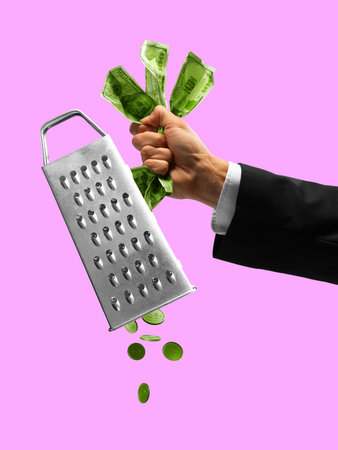 Creative collage. Hand squeezing dollar bills through grater with coins falling on pink background