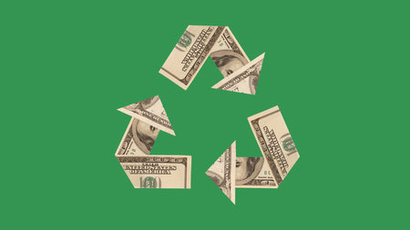 Minimalist artwork. Recycled dollar bills forming eco symbol on green background