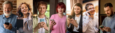 Group collage of people using smartphones with happy and focused expressions in mixed settings